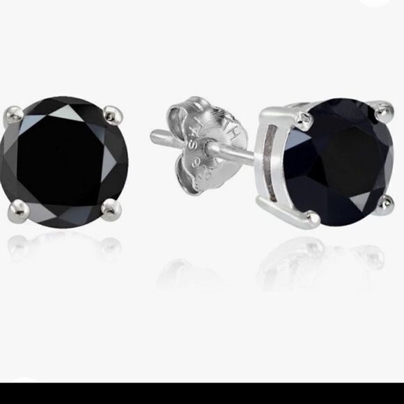 Unisex Black Spinel stud sterling silver 6mm earrings - Picture 2 of 7